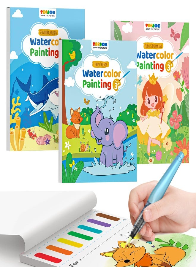 TECJOE 3 Pack Paint with Water Coloring Books for Toddlers, Watercolor Painting Set with 6 Brushes, Travel Activities for Kids Ages 1-3 4-8, Birthday Gifts Arts & Crafts Toy, Princess, Forest & Sea - Image 1